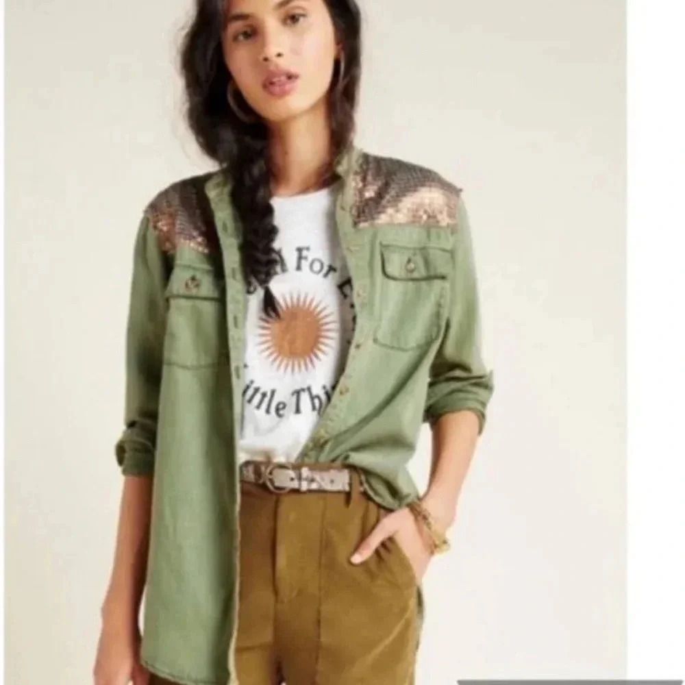 By Anthropologie Sequin Cargo Army Olive Green Button Down Shirt Shacket Size 2